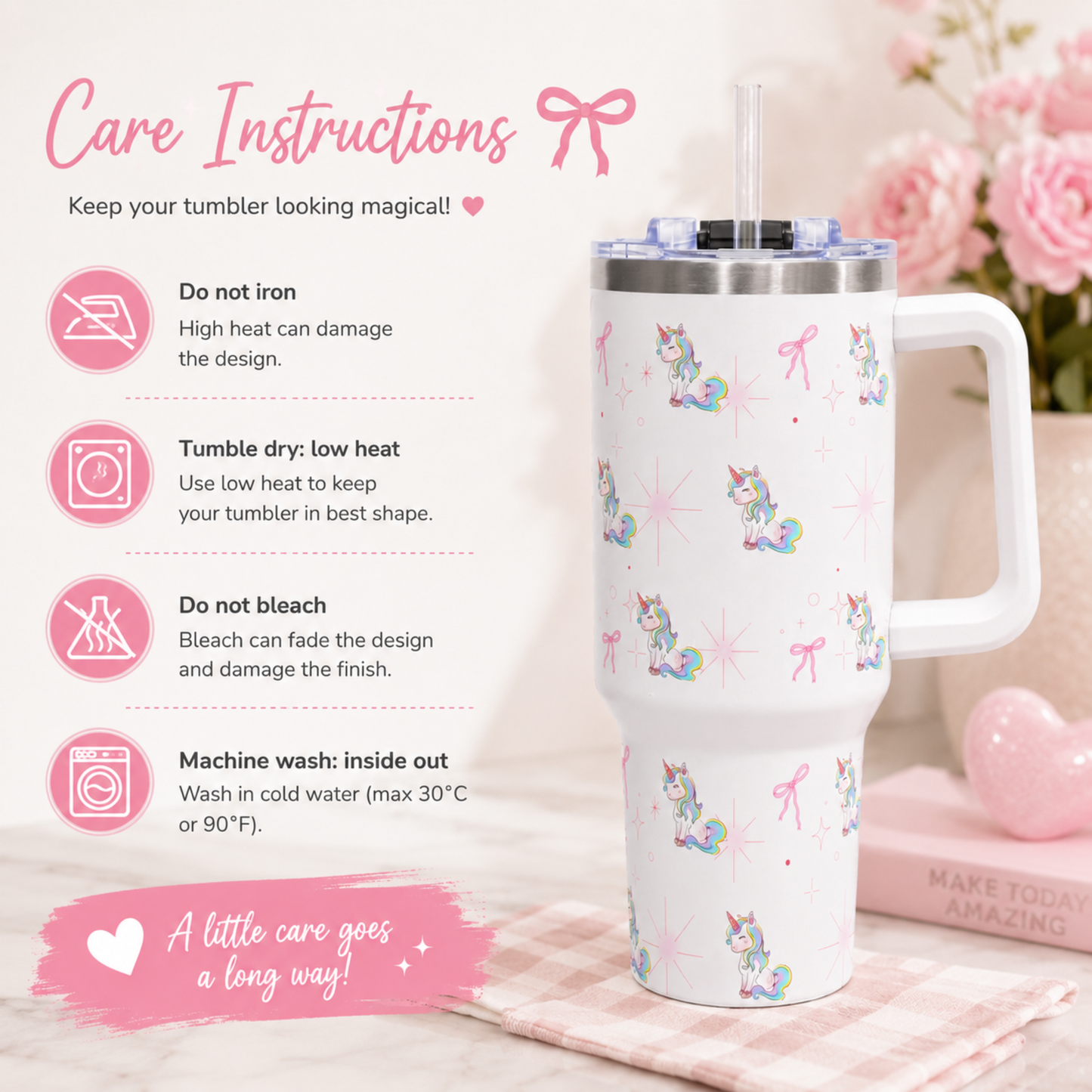 40oz Unicorn Pattern Vacuum Tumbler with Straw | Insulated Travel Mug