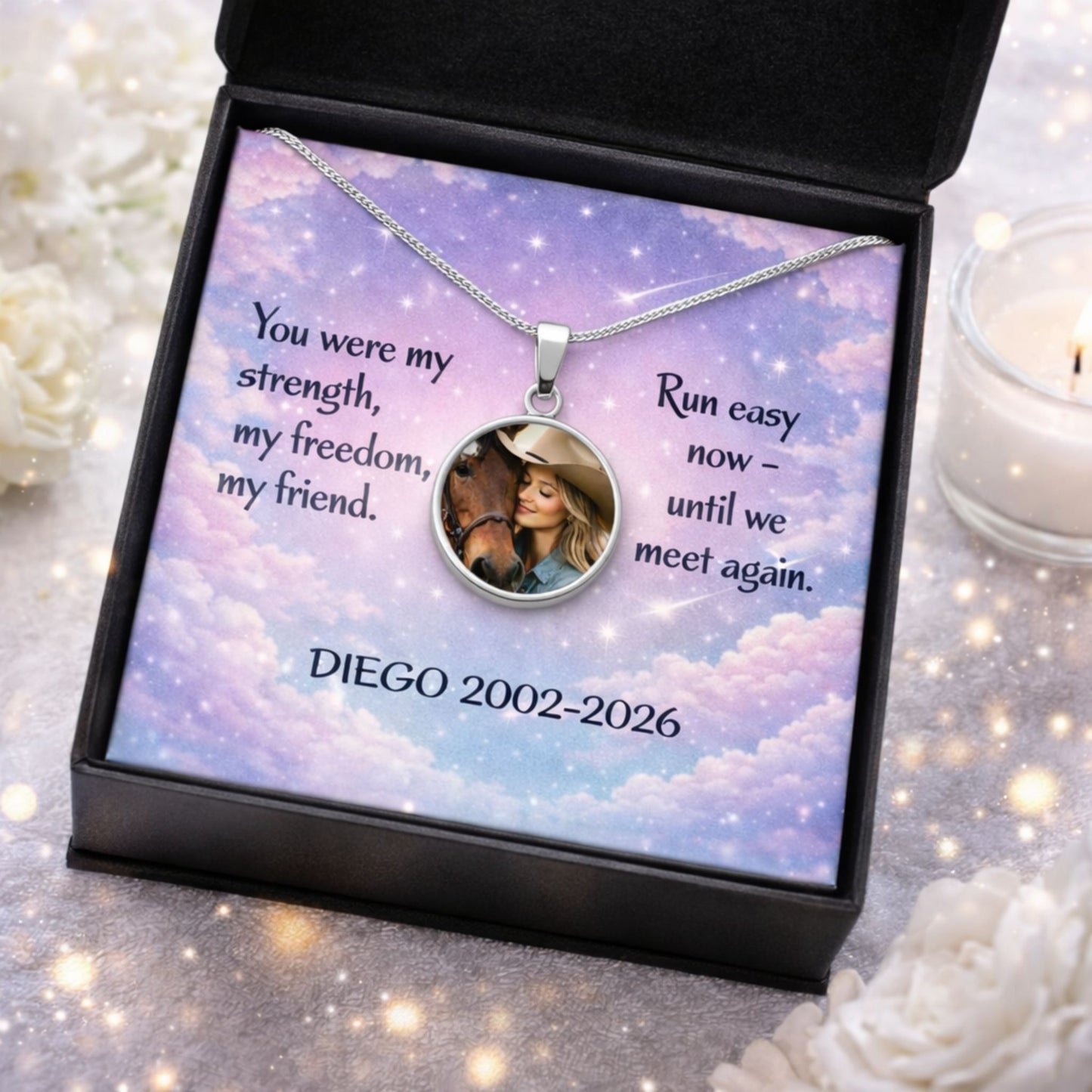Custom Horse Memorial Photo Circle Necklace with Message Card Gift