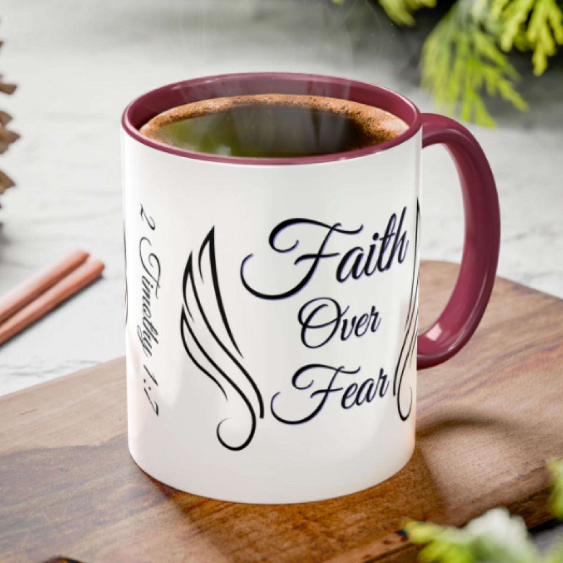 Faith Over Fear Two-Tone Coffee Mug – Wings Design, Christian Inspirational Gift
