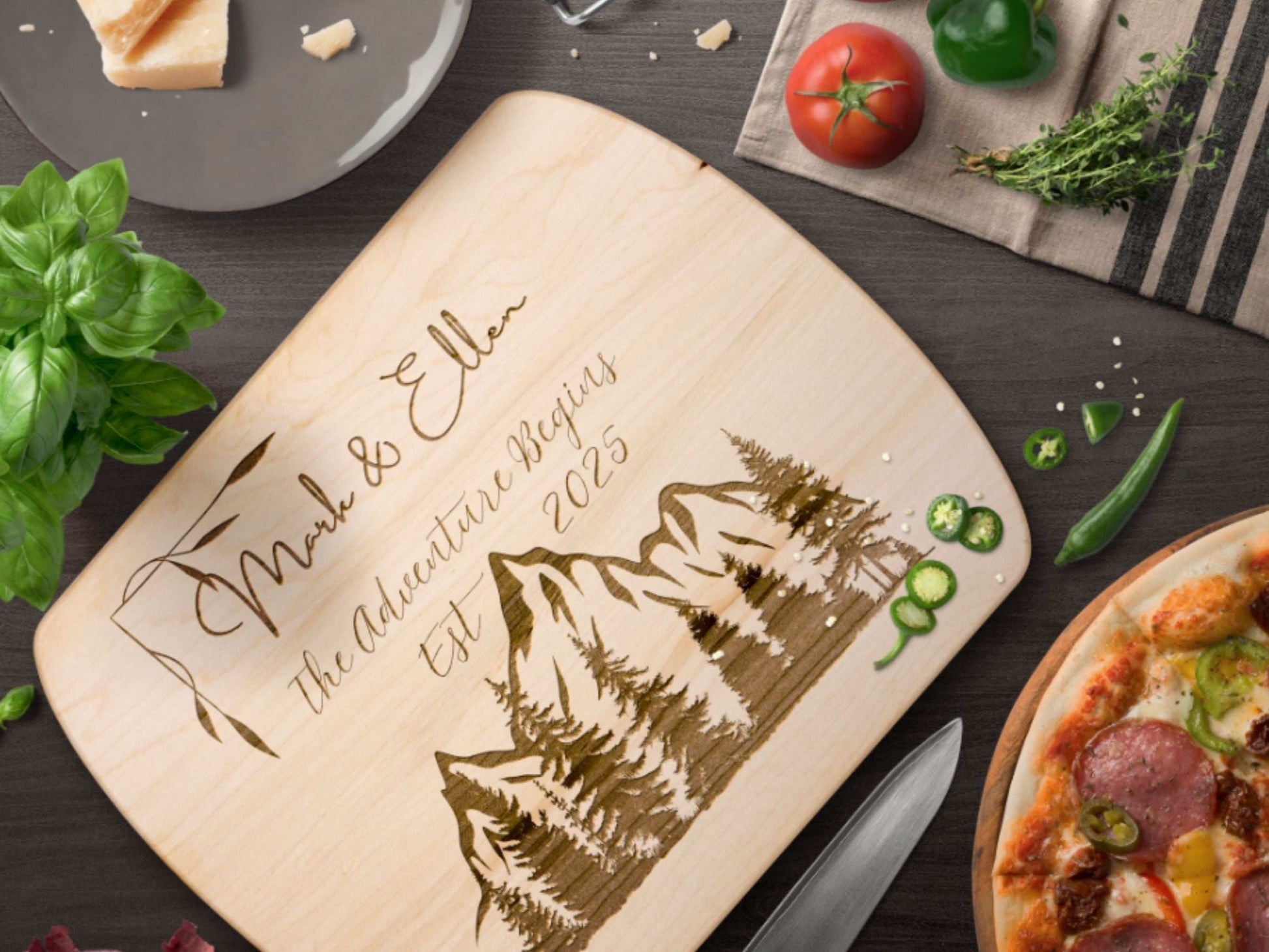 Personalized Camping Couple Cutting Board -Custom Name & Date – Outdoor Adventure Kitchen Decor