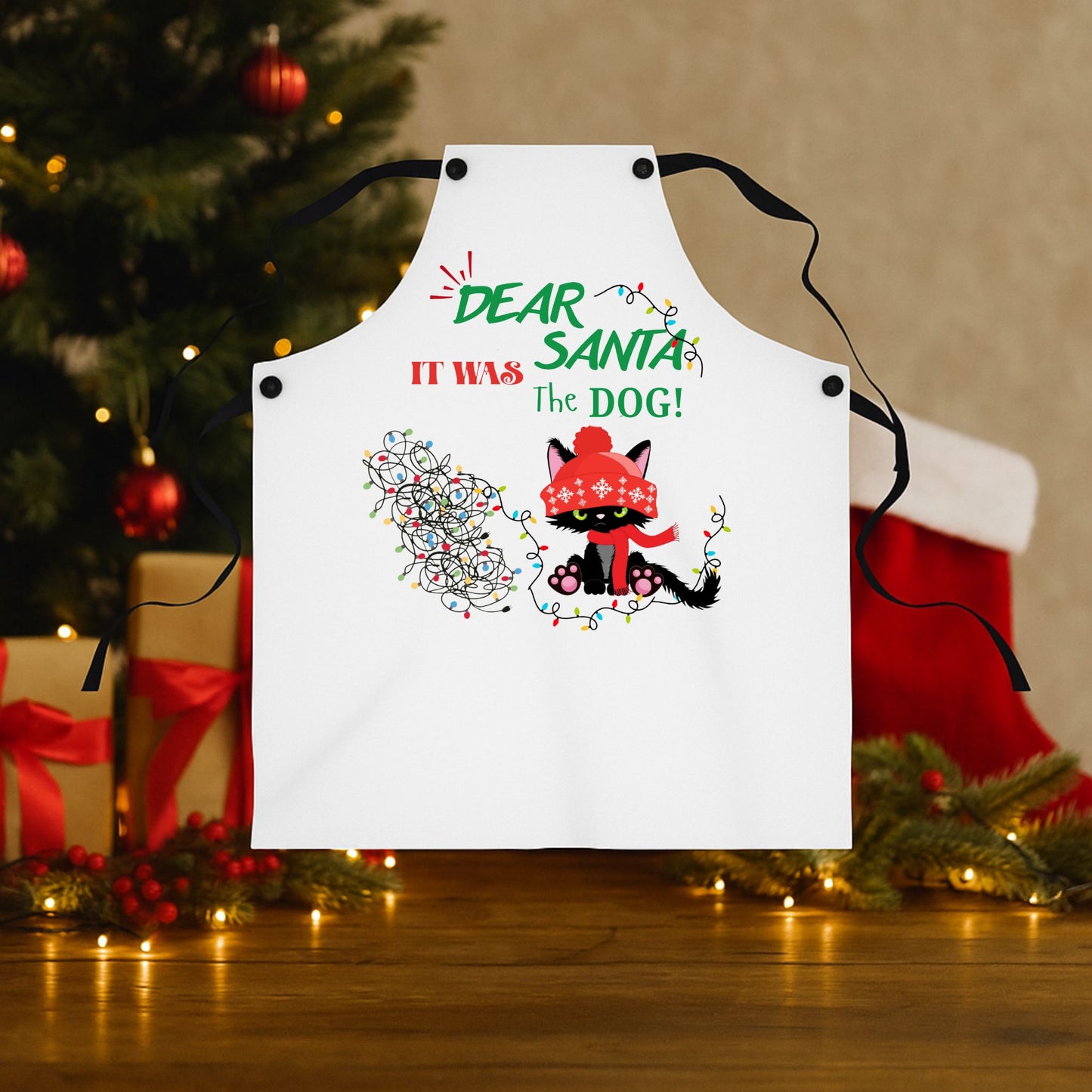 Funny Cat Lover Apron – “It Was the Dog” Christmas Cooking Gift