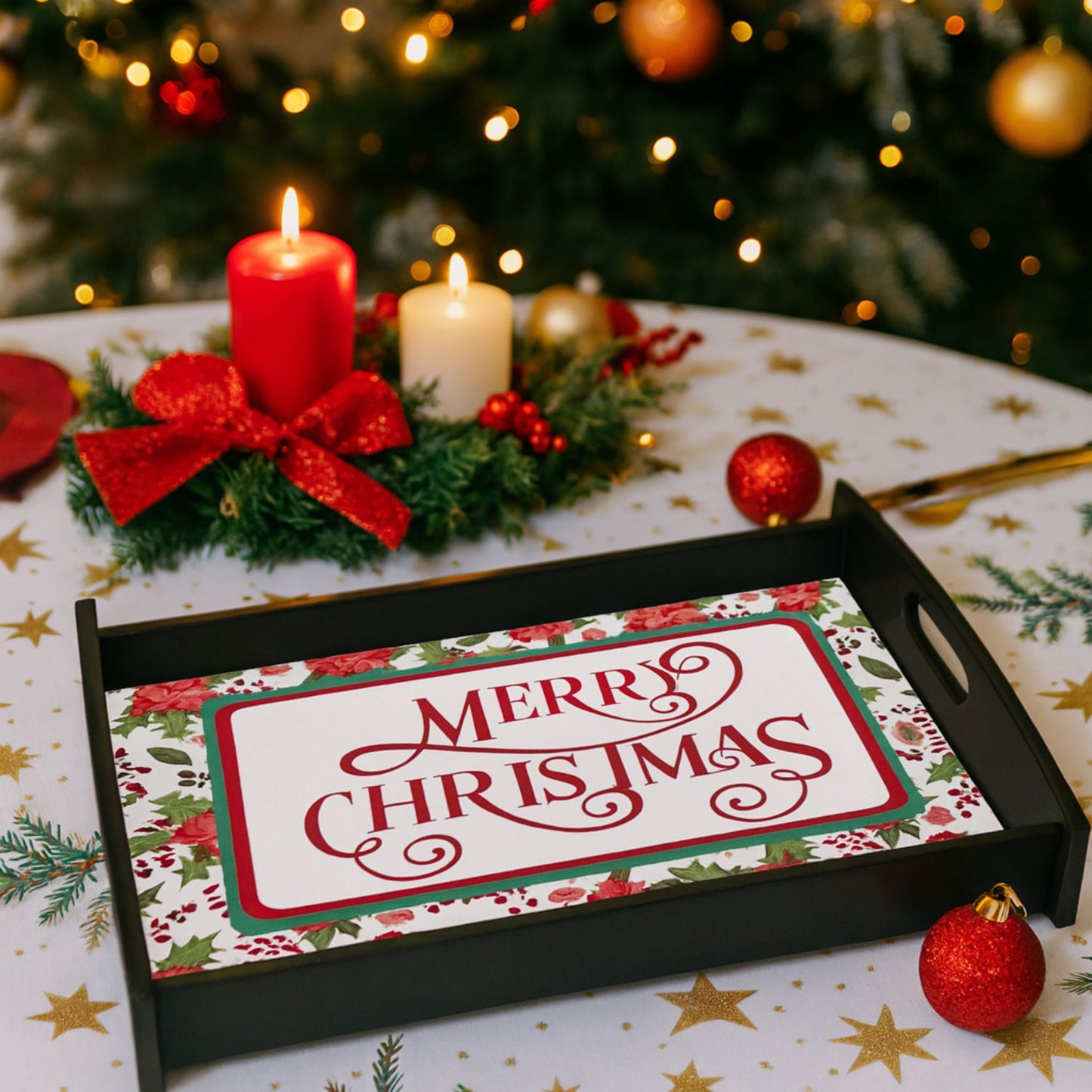 Espresso Black Merry Christmas Serving Tray – Large Wooden Holiday Platter