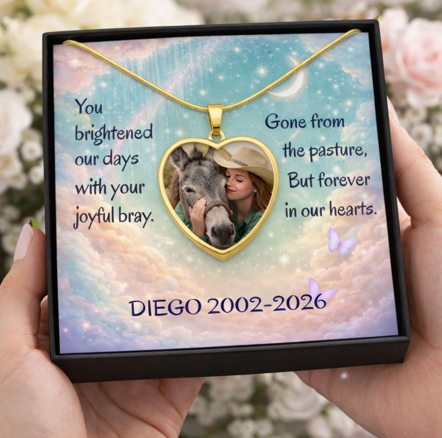 Personalized Donkey Memorial Photo Heart Necklace – Custom Jewelry Gift