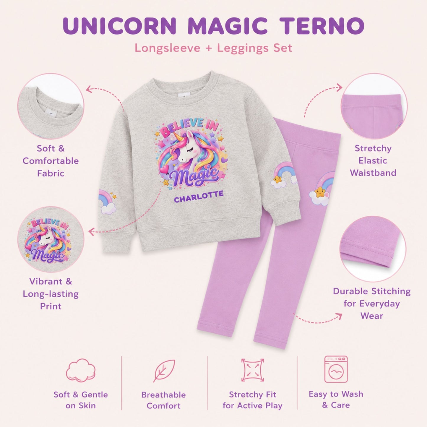 Personalized Unicorn Kids Sweatshirt & Leggings Set | Believe in Magic