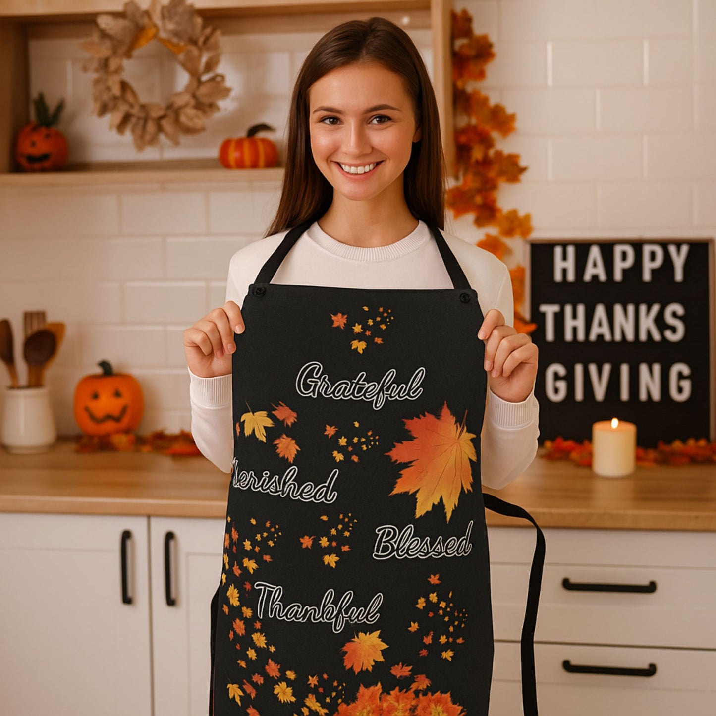 Black Grateful Thankful Blessed Apron | Fall Kitchen Gift | Thanksgiving