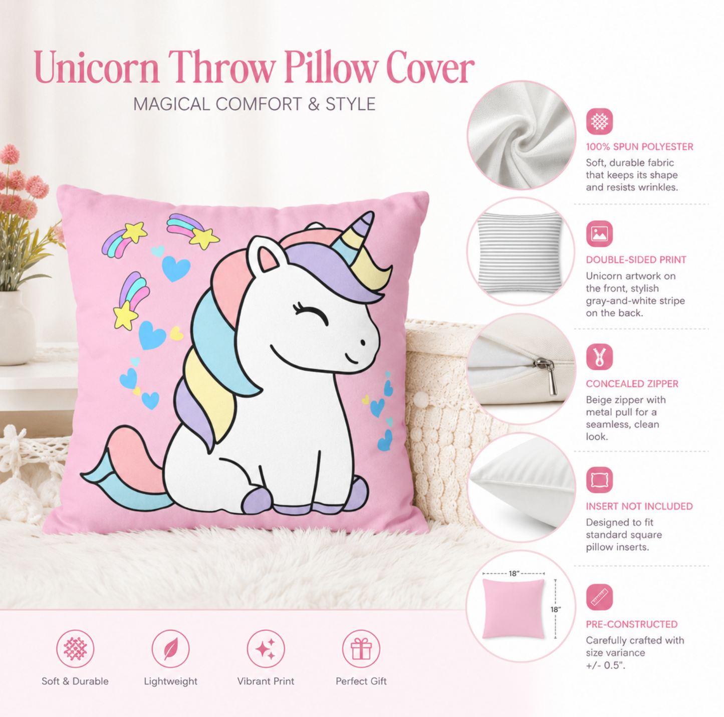 Sleepy Pastel Unicorn Pillowcase | Cute Kids Decorative Throw Pillow Cover