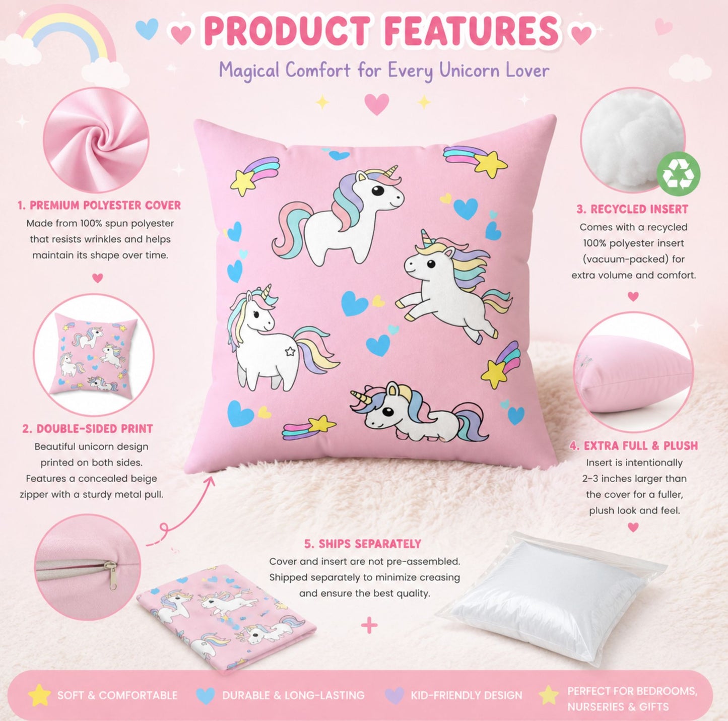 Cute Pastel Unicorn Pillowcase | Pink Kids Decorative Throw Pillow Cover