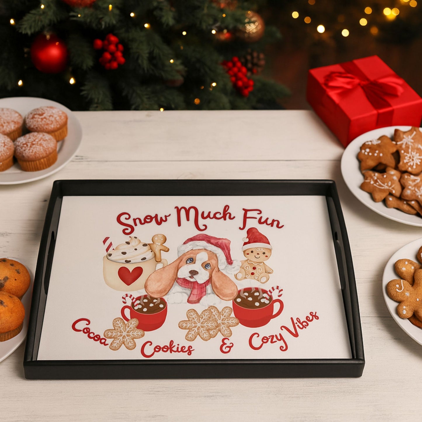 Snow Much Fun Christmas Wood Tray – Cocoa, Cookies & Cozy Vibes