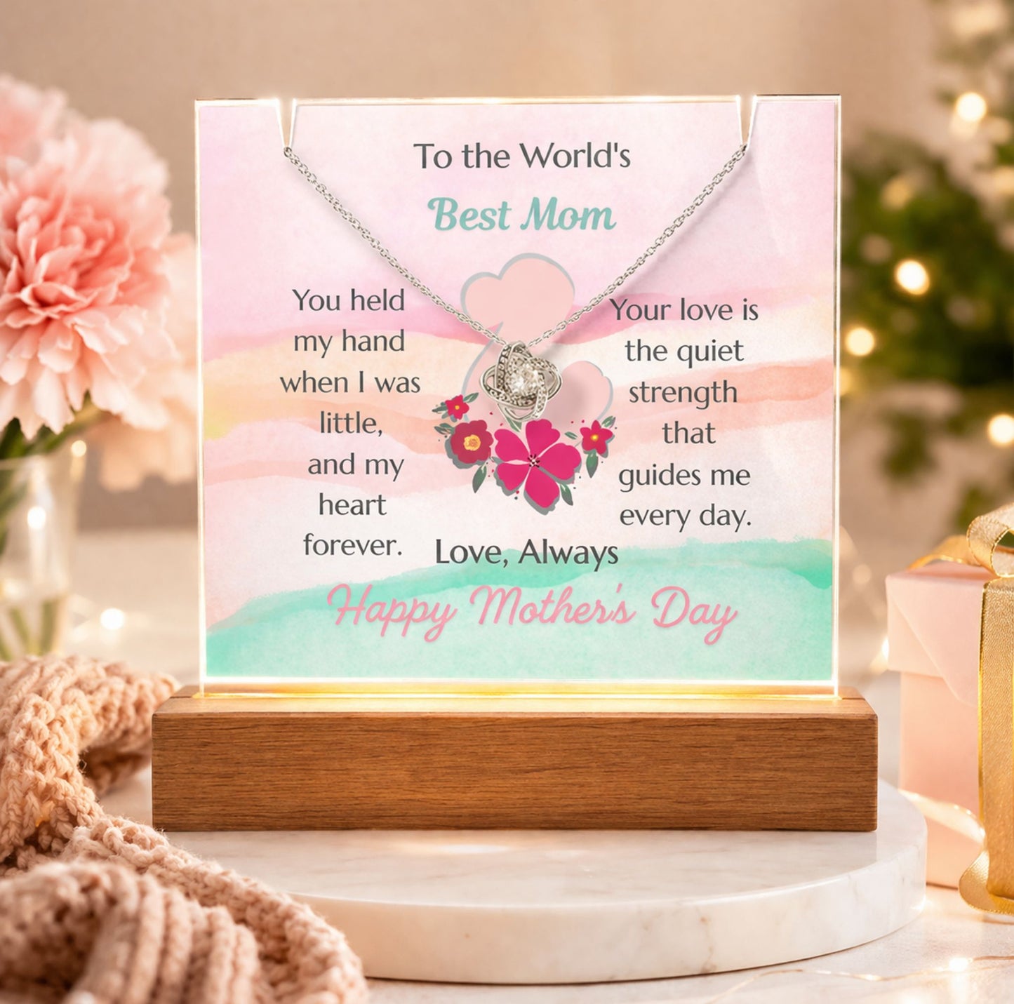 To The World's Best Mom Love Knot Necklace Acrylic Plaque Mother's Day Gift