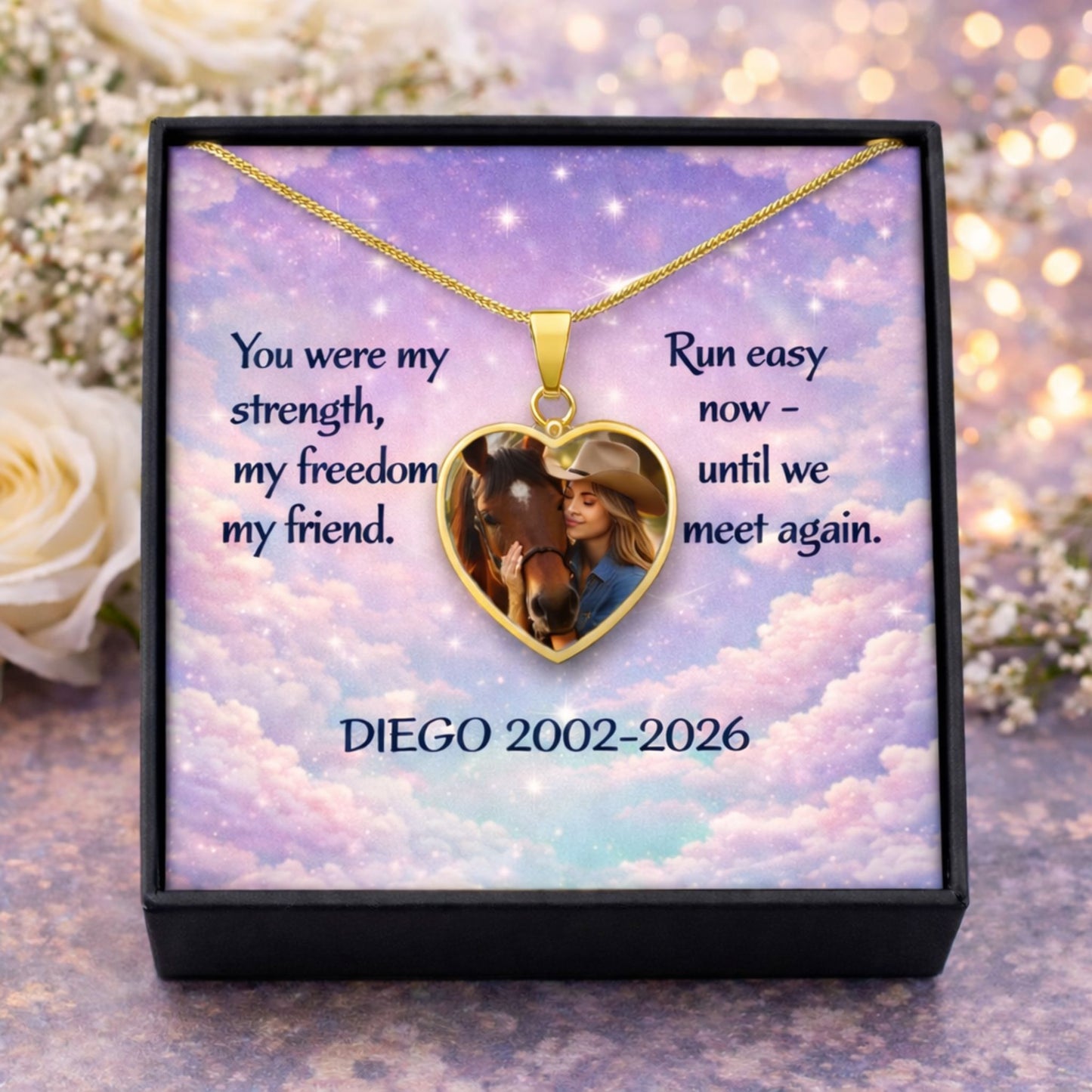 Custom Horse Memorial Photo Heart Necklace with Message Card Gift For Horse Lovers