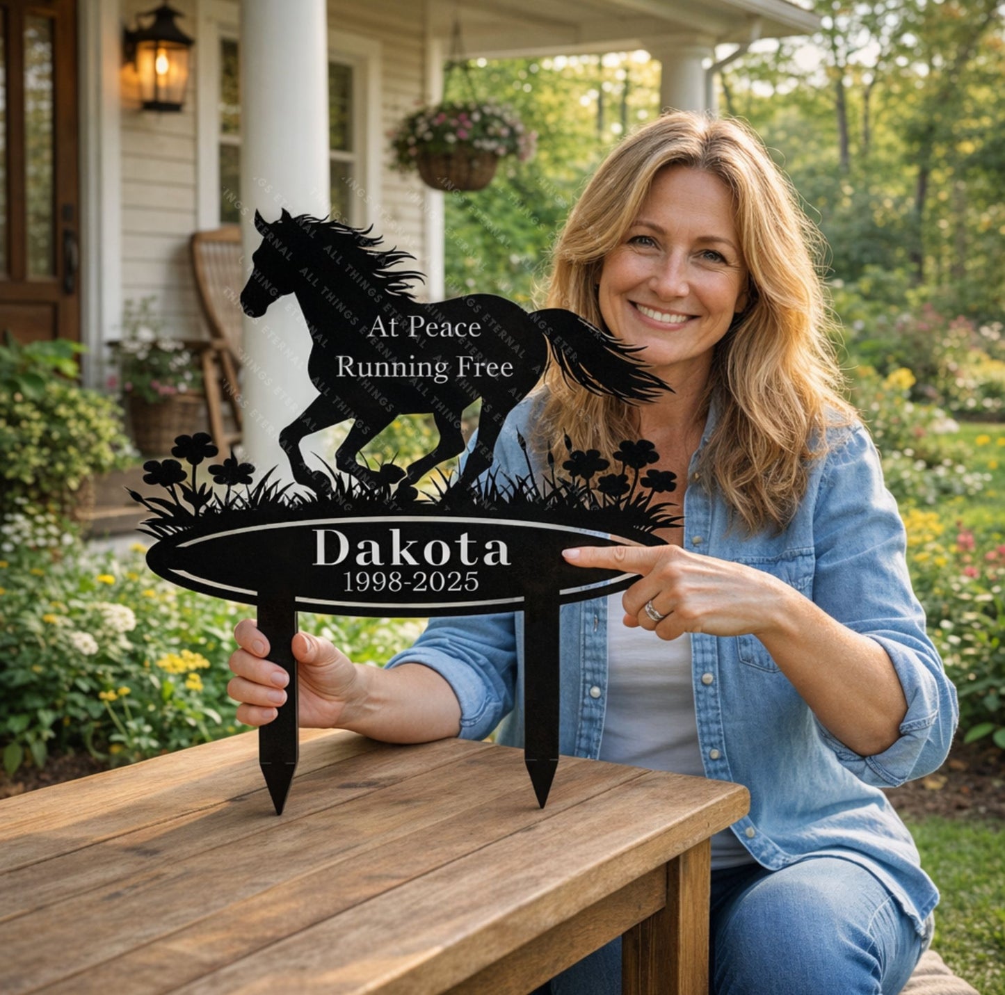Horse Memorial Metal Garden Stake – Custom Running Horse Tribute Sign with Name & Dates