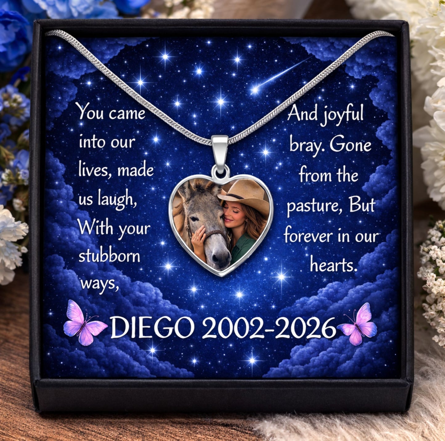 Custom Donkey Memorial Heart Necklace with Personalized Message Card