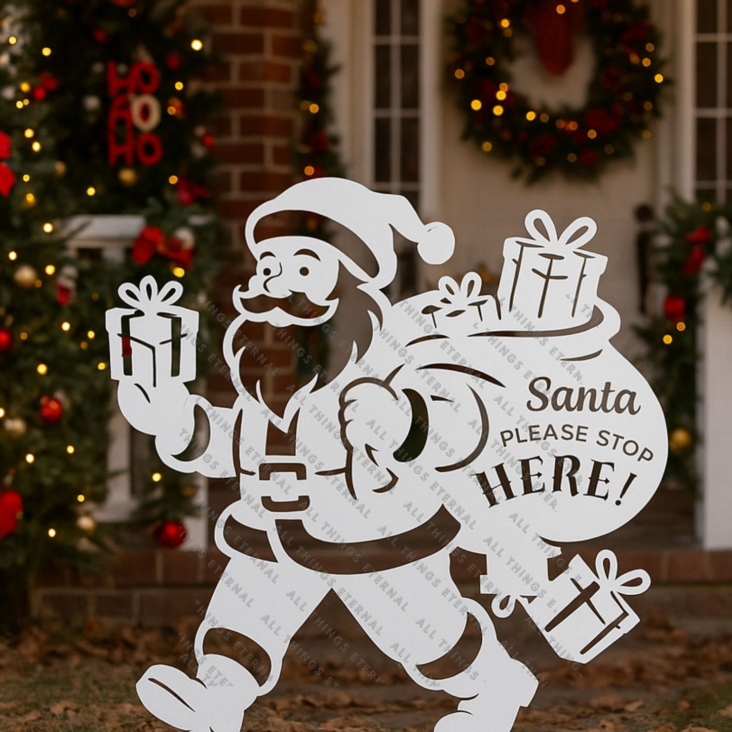 Santa Please Stop Here Metal Yard Sign | Christmas Garden Decor