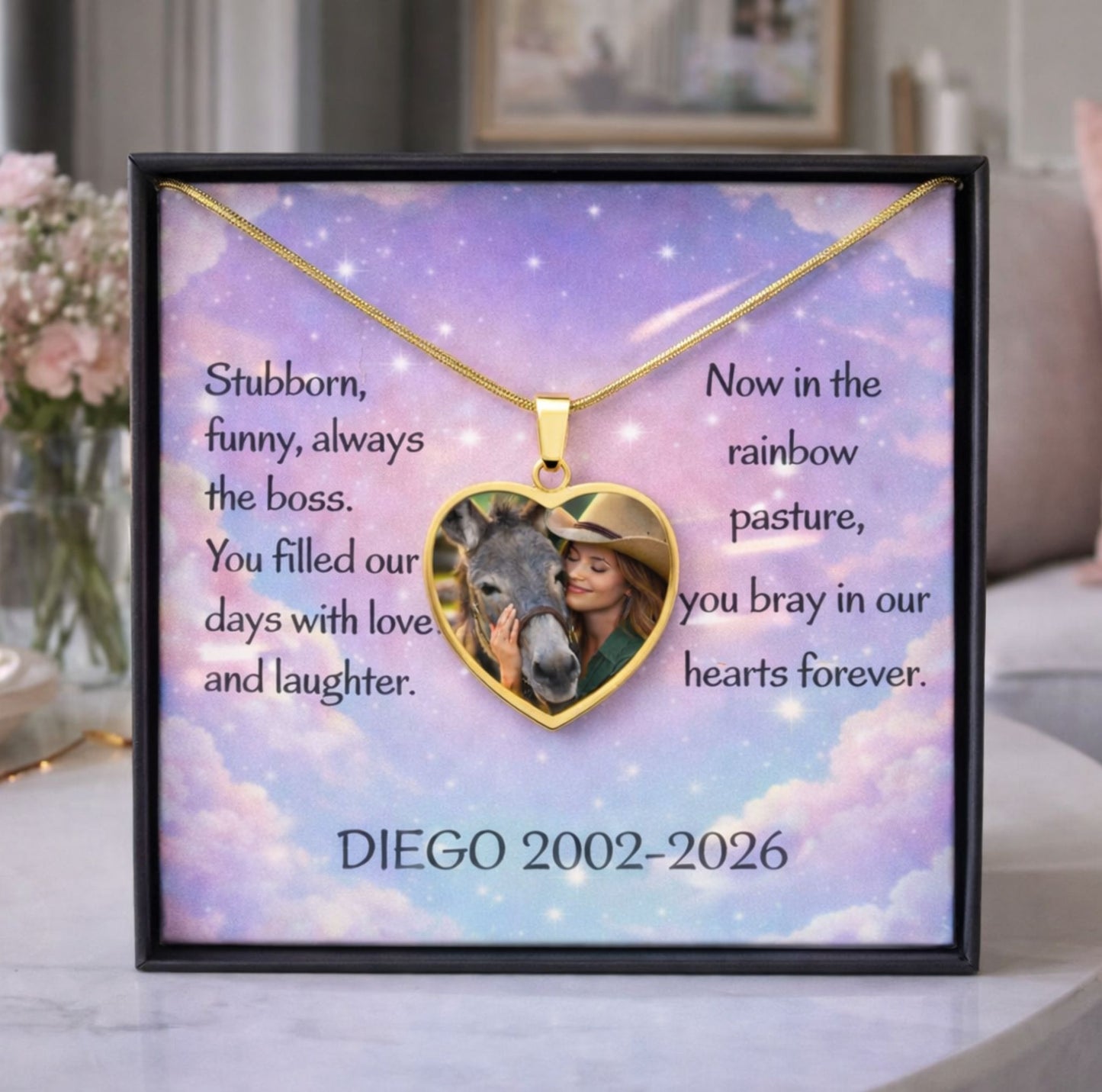 Custom Donkey Memorial Heart  Pendant Photo Necklace & Message Card Gift