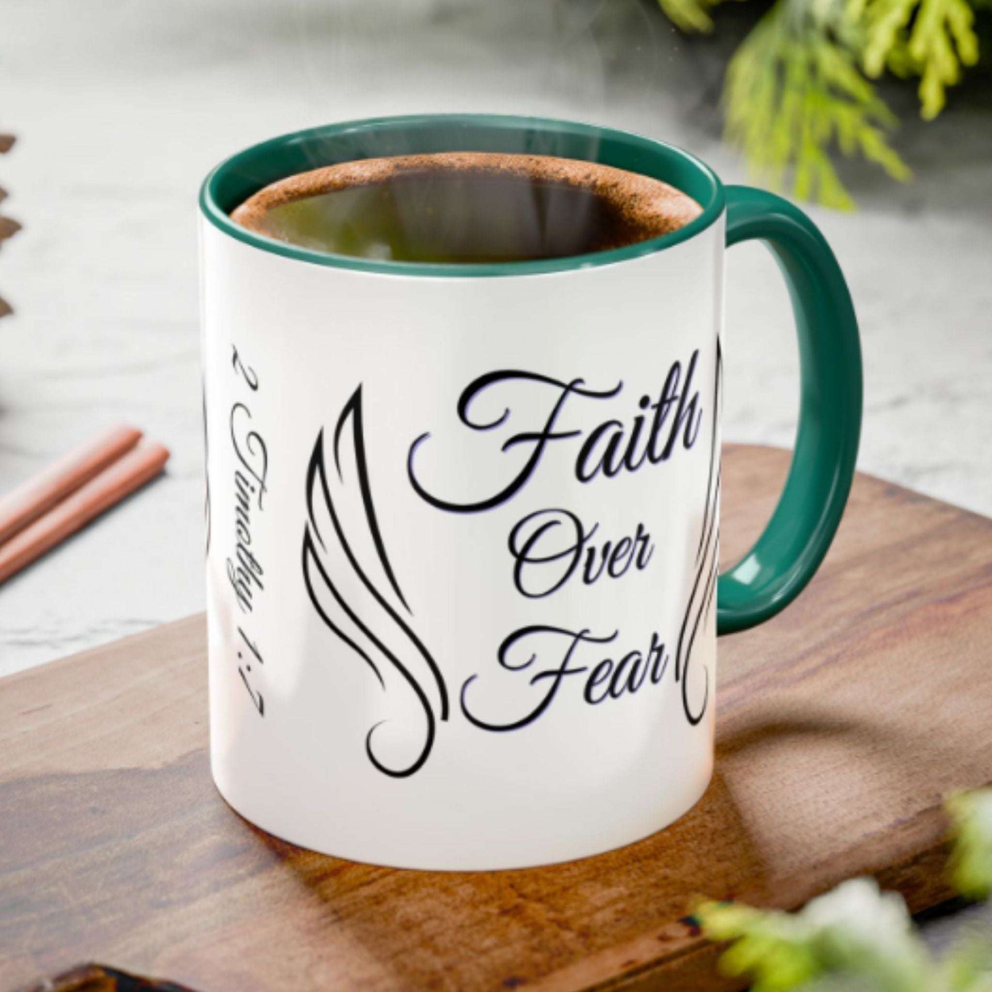 Faith Over Fear Two-Tone Coffee Mug – Wings Design, Christian Inspirational Gift