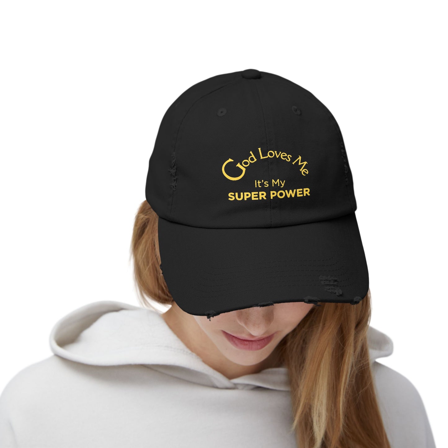 God Loves Me It’s My Super Power Distressed Christian Faith Cap