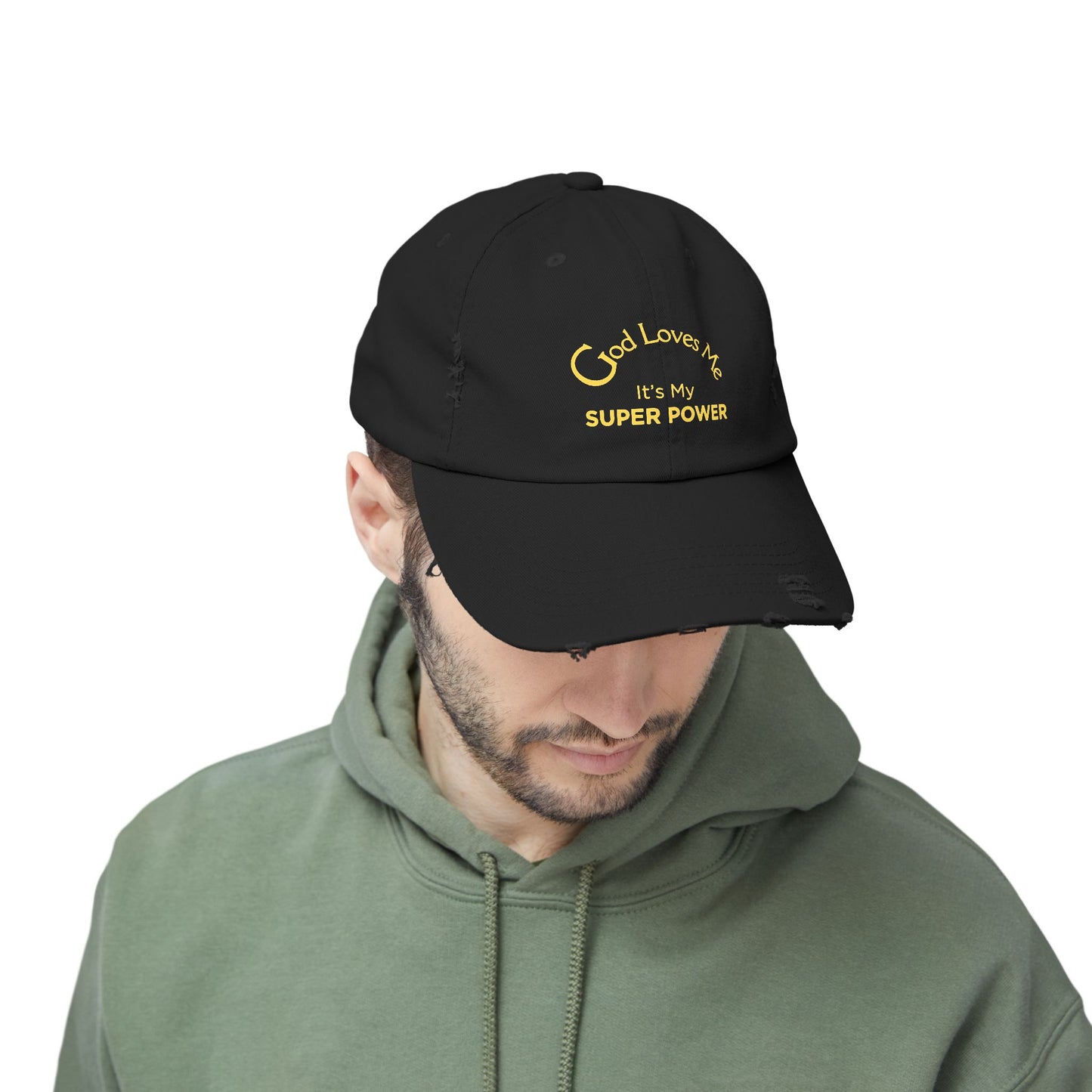 God Loves Me It’s My Super Power Distressed Christian Faith Cap