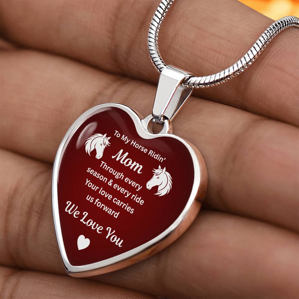 To My Horse Riding Mom Heart Necklace – Engraved Gift for Horse Lover Mom Mother’s Day