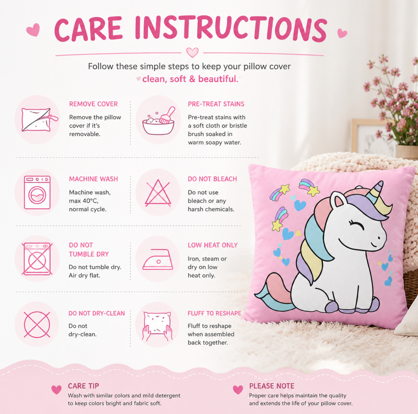 Sleepy Pastel Unicorn Pillowcase | Cute Kids Decorative Throw Pillow Cover