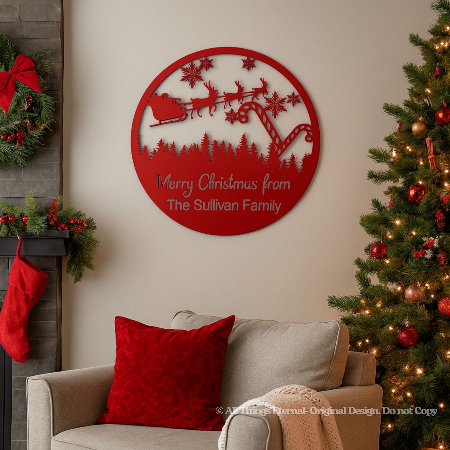 Personalized Family Name Christmas Metal Sign – Santa Sleigh Home Decoration