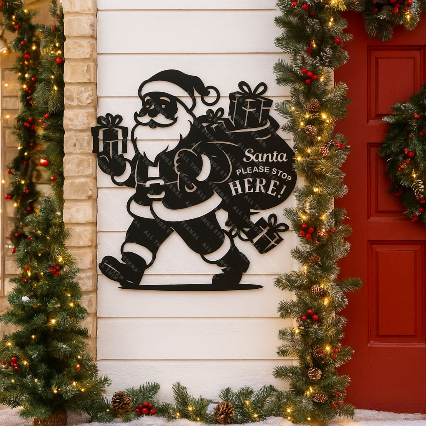 Santa Please Stop Here Metal Sign – Christmas Porch Decoration
