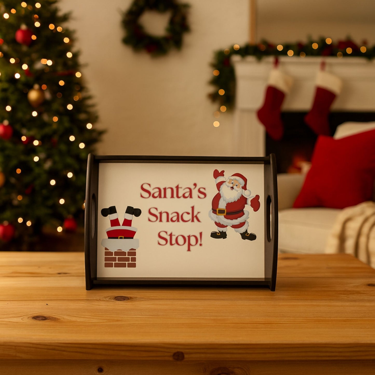 Espresso Black Funny Santa's Snack Stop Serving Tray, Holiday Kitchen Decoration