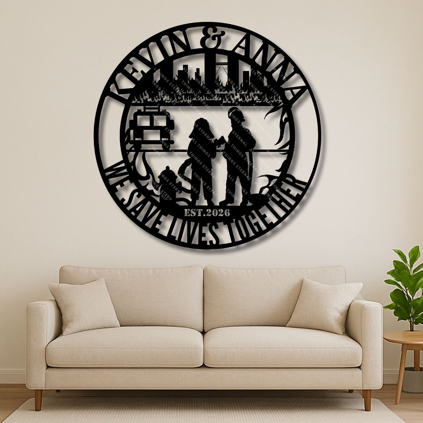 Personalized Firefighter Couple Metal Sign – Custom Name Wall Art