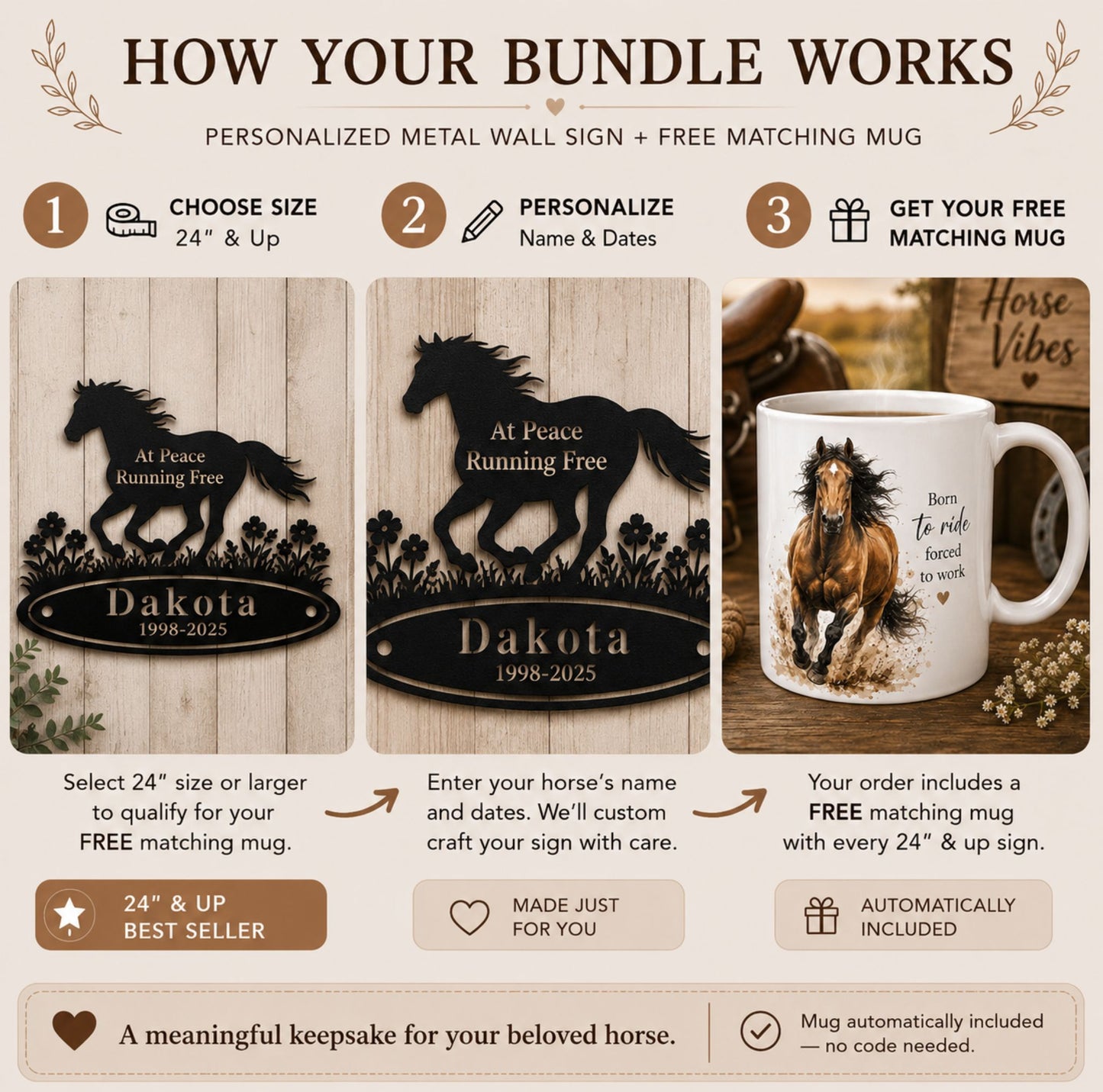 Personalized Horse Memorial Metal Sign + FREE Mug – At Peace Running Free
