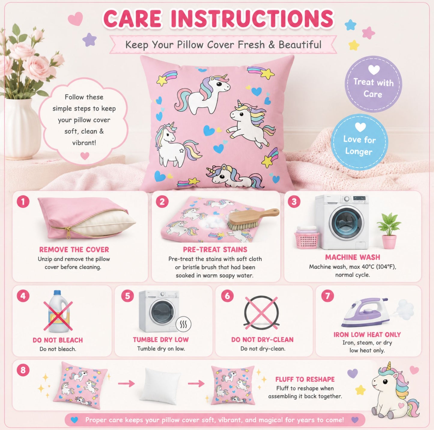 Cute Pastel Unicorn Pillowcase | Pink Kids Decorative Throw Pillow Cover