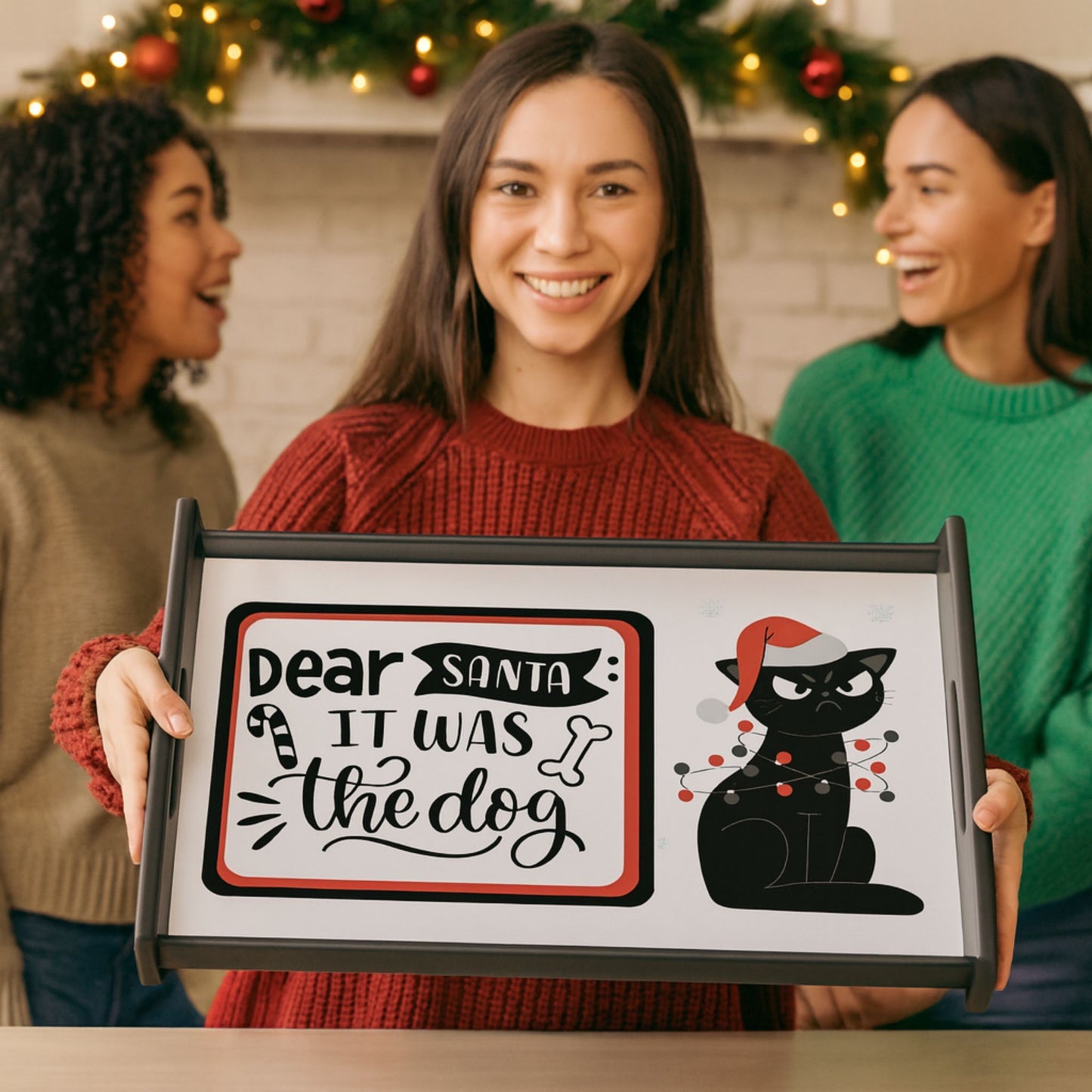 Funny Cat Wood Serving Tray | Christmas & Holiday Party Platter