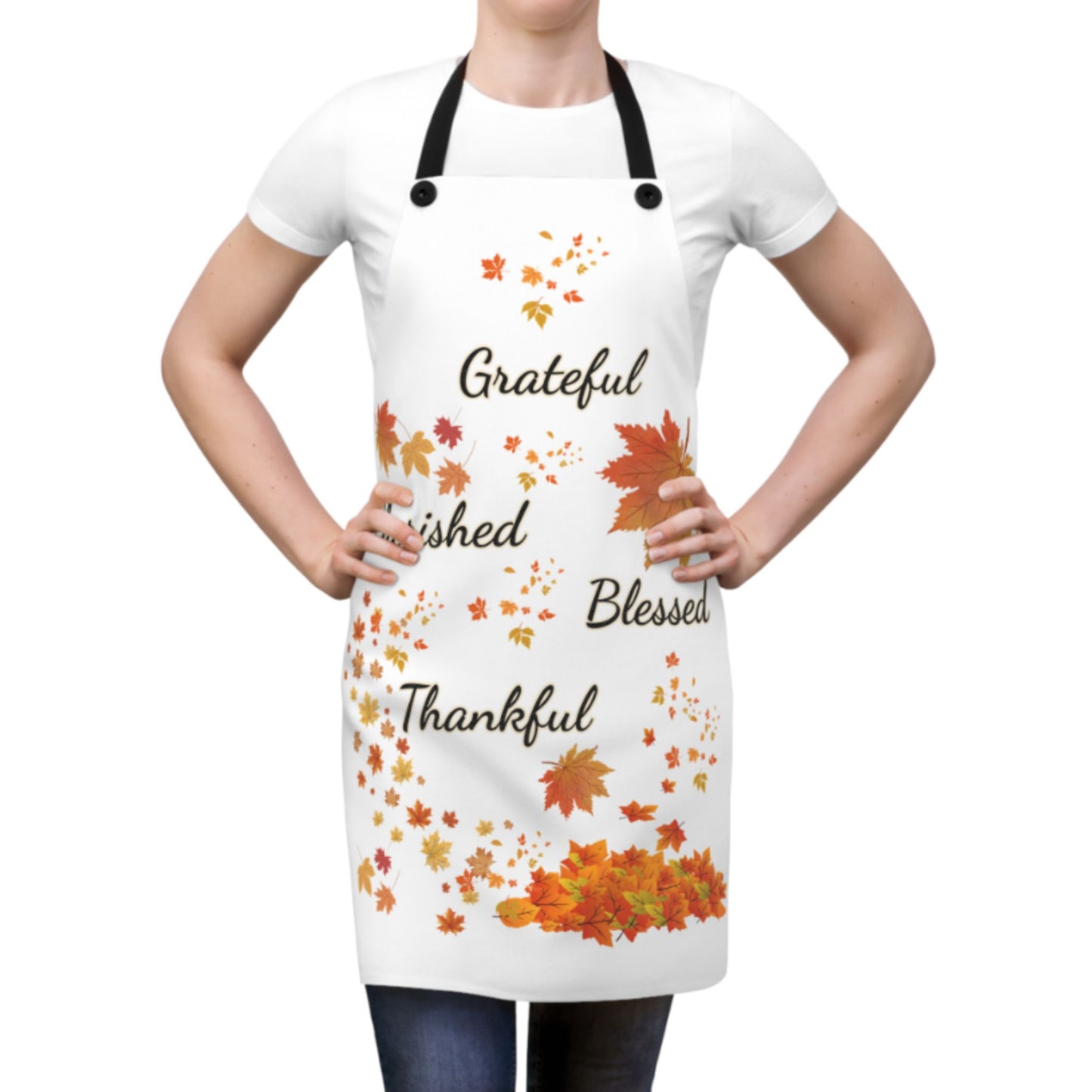 White Thankful Autumn Apron | Fall Cooking Apron | Thanksgiving Gift