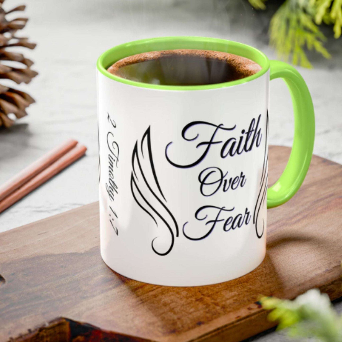 Faith Over Fear Two-Tone Coffee Mug – Wings Design, Christian Inspirational Gift