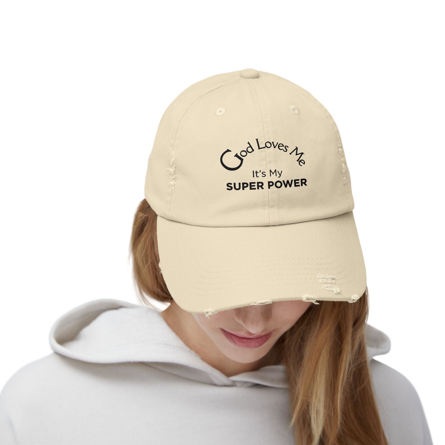 God Loves Me Super Power Cap – Distressed Christian Baseball Hat