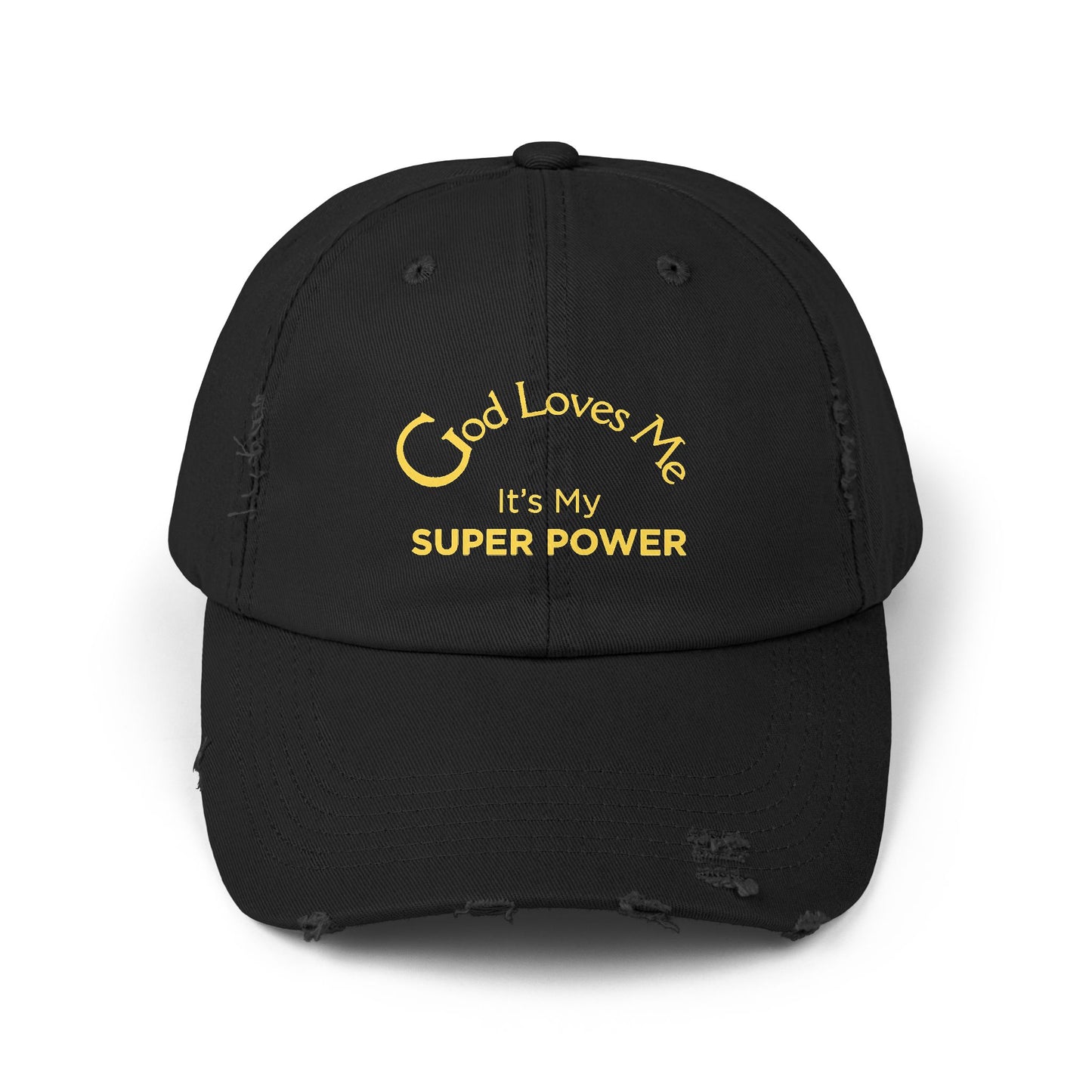 God Loves Me It’s My Super Power Distressed Christian Faith Cap