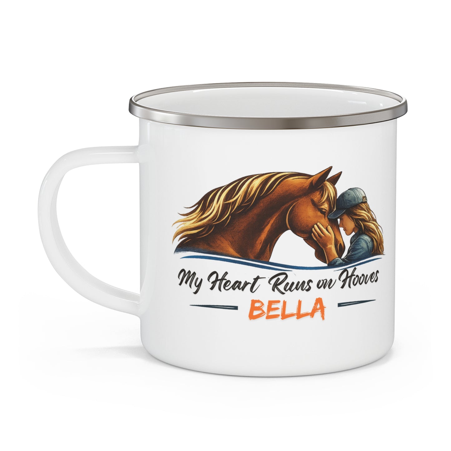Personalized Enamel Mug | My Heart Runs on Hooves Horse Camping Cup for Woman
