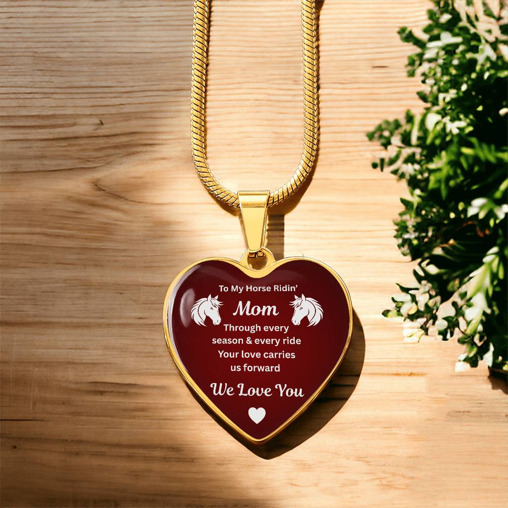 To My Horse Riding Mom Heart Necklace – Engraved Gift for Horse Lover Mom Mother’s Day