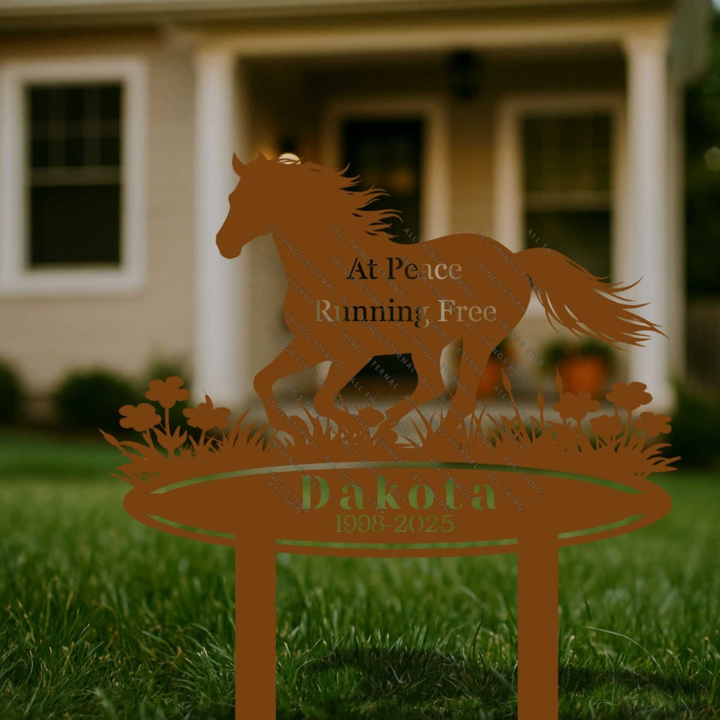 Horse Memorial Metal Garden Stake – Custom Running Horse Tribute Sign with Name & Dates