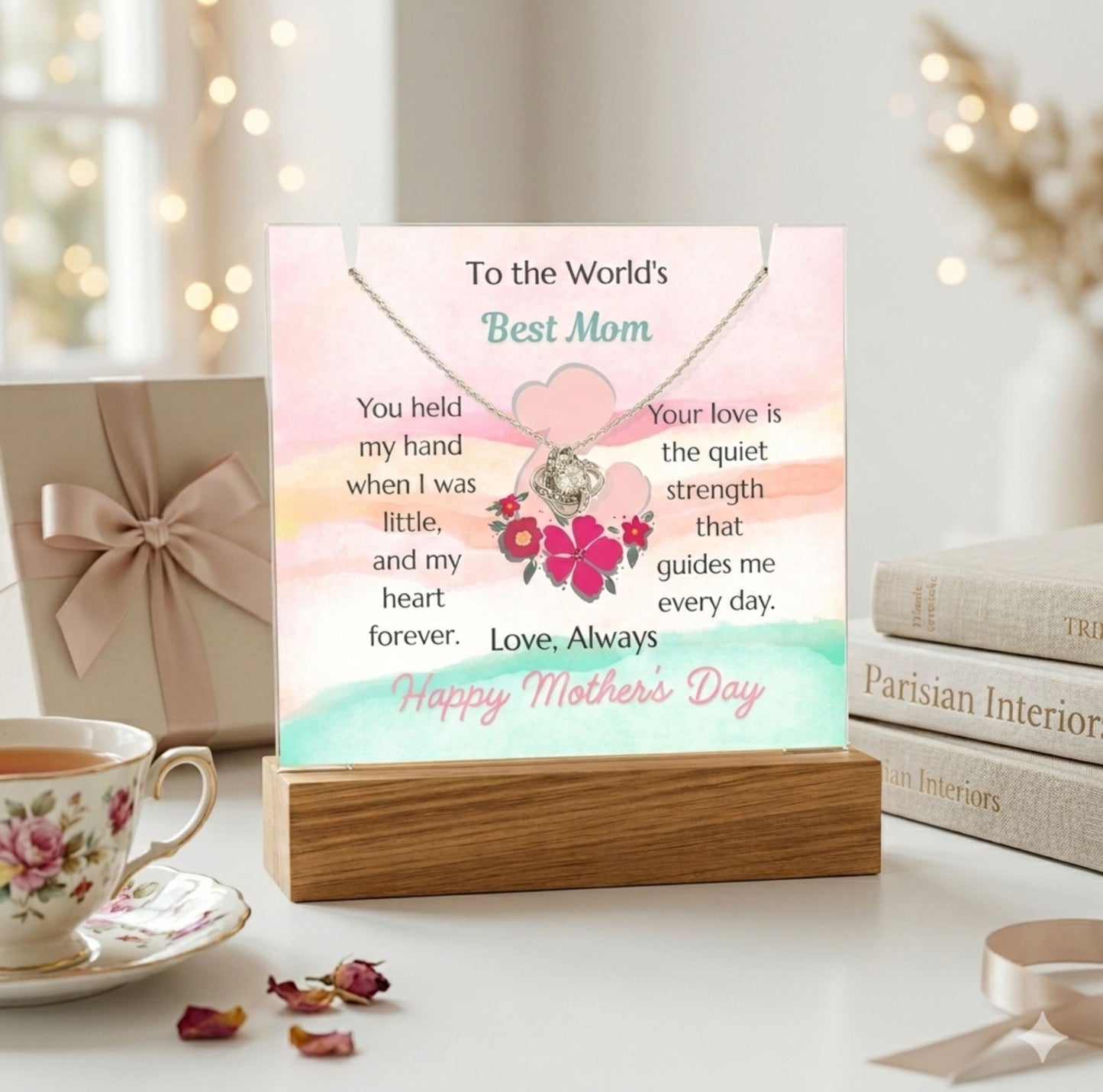To The World's Best Mom Love Knot Necklace Acrylic Plaque Mother's Day Gift