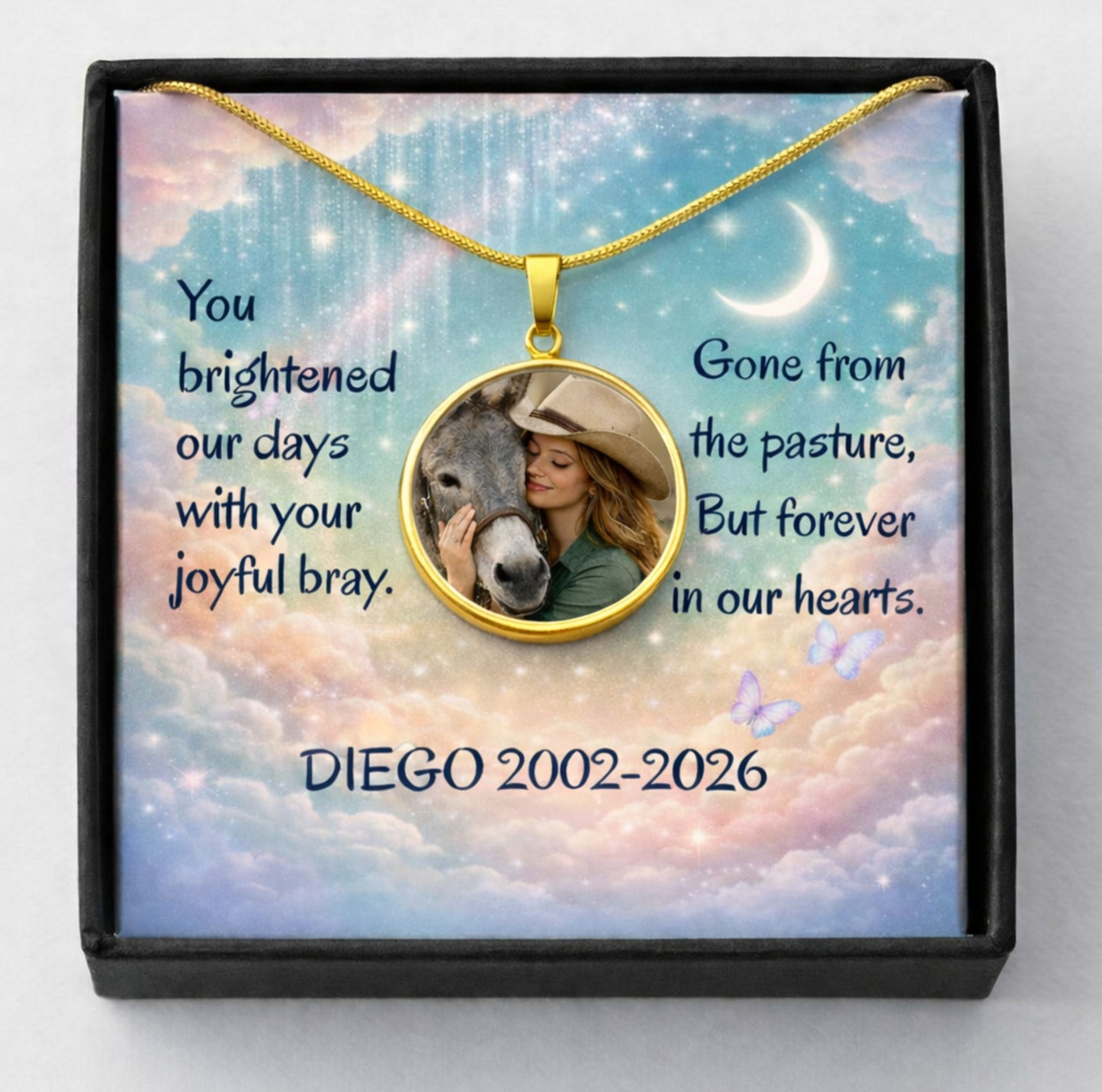 Personalized Donkey Memorial Photo Heart Necklace – Custom Jewelry Gift