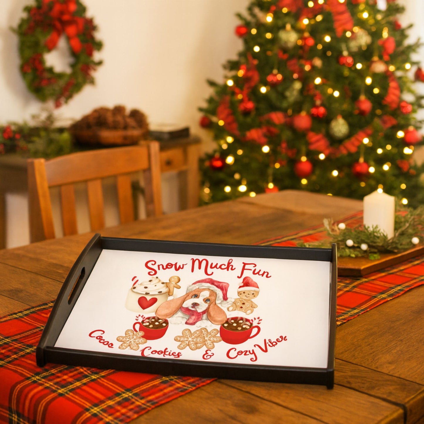 Snow Much Fun Christmas Espresso Black Tray – Cocoa, Cookies & Cozy Vibes