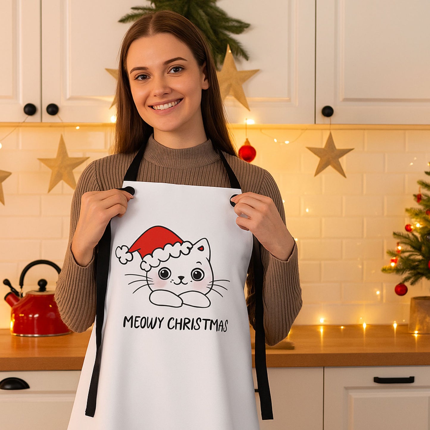 Meowy Christmas Cat Apron – Cute Funny Kitty Holiday Cooking Gift