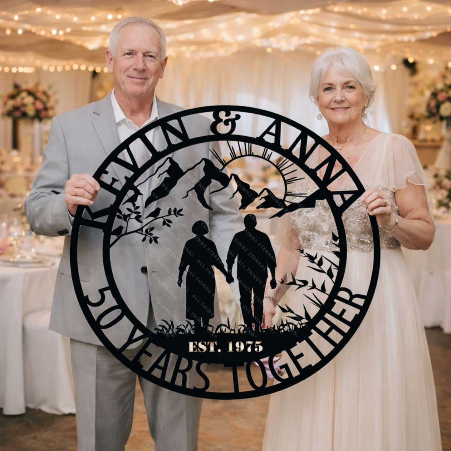 Couple holding  custom 50th wedding  anniversary metal sign decor
