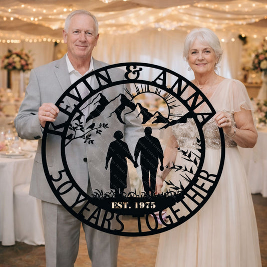 Couple holding  custom 50th wedding  anniversary metal sign decor