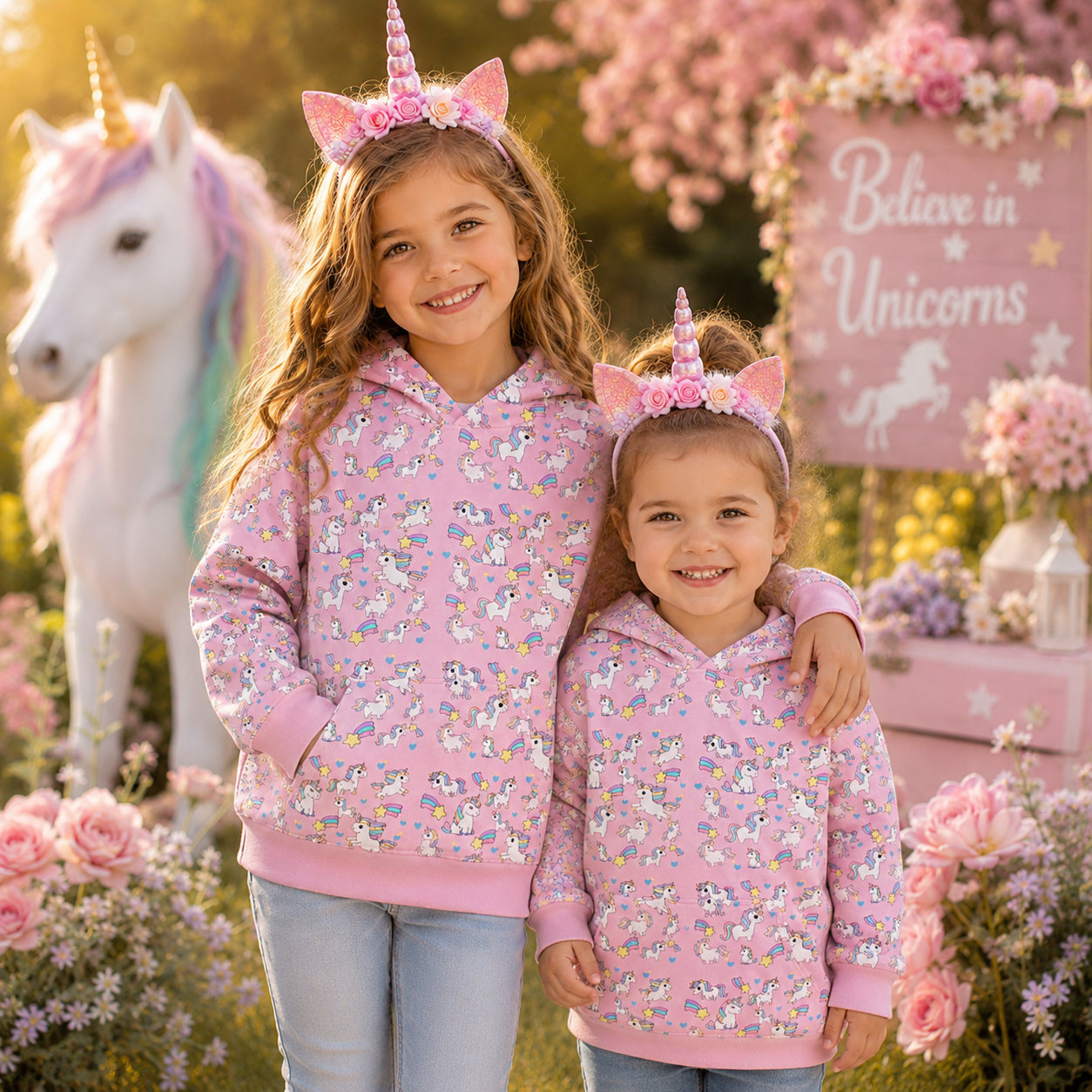 Kids' Unicorn Hoodie — Pink All-Over Print Magical Pony Pullover
