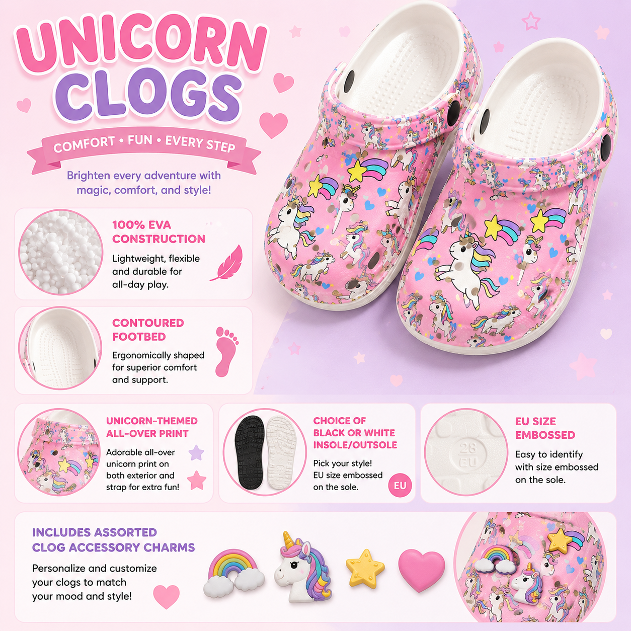 Kids Unicorn Clogs – Lightweight EVA Slip-On Shoes with Fun Charm Accessories
