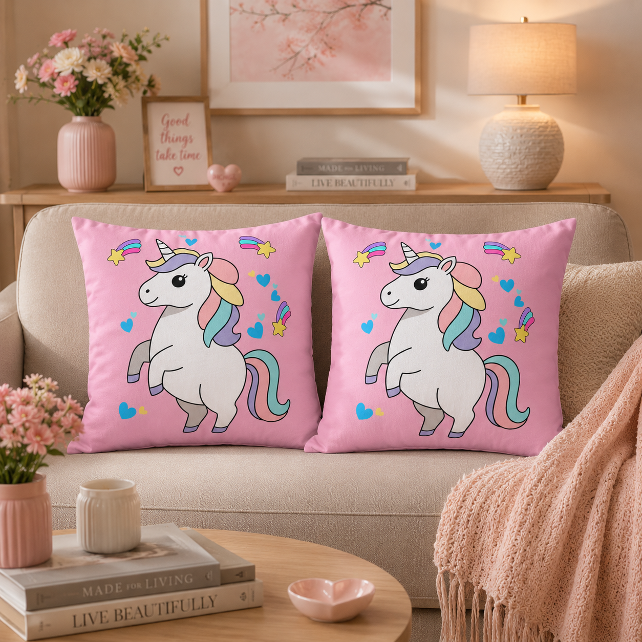 Prancing Magical Unicorn Pillow | Cute Rainbow Unicorn Throw Pillow