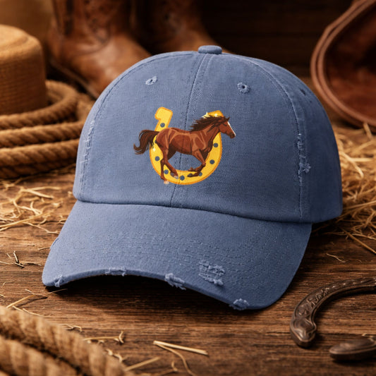 Lucky Horse Horseshoe Cap — Distressed Baseball Hat for Equestrian Fans