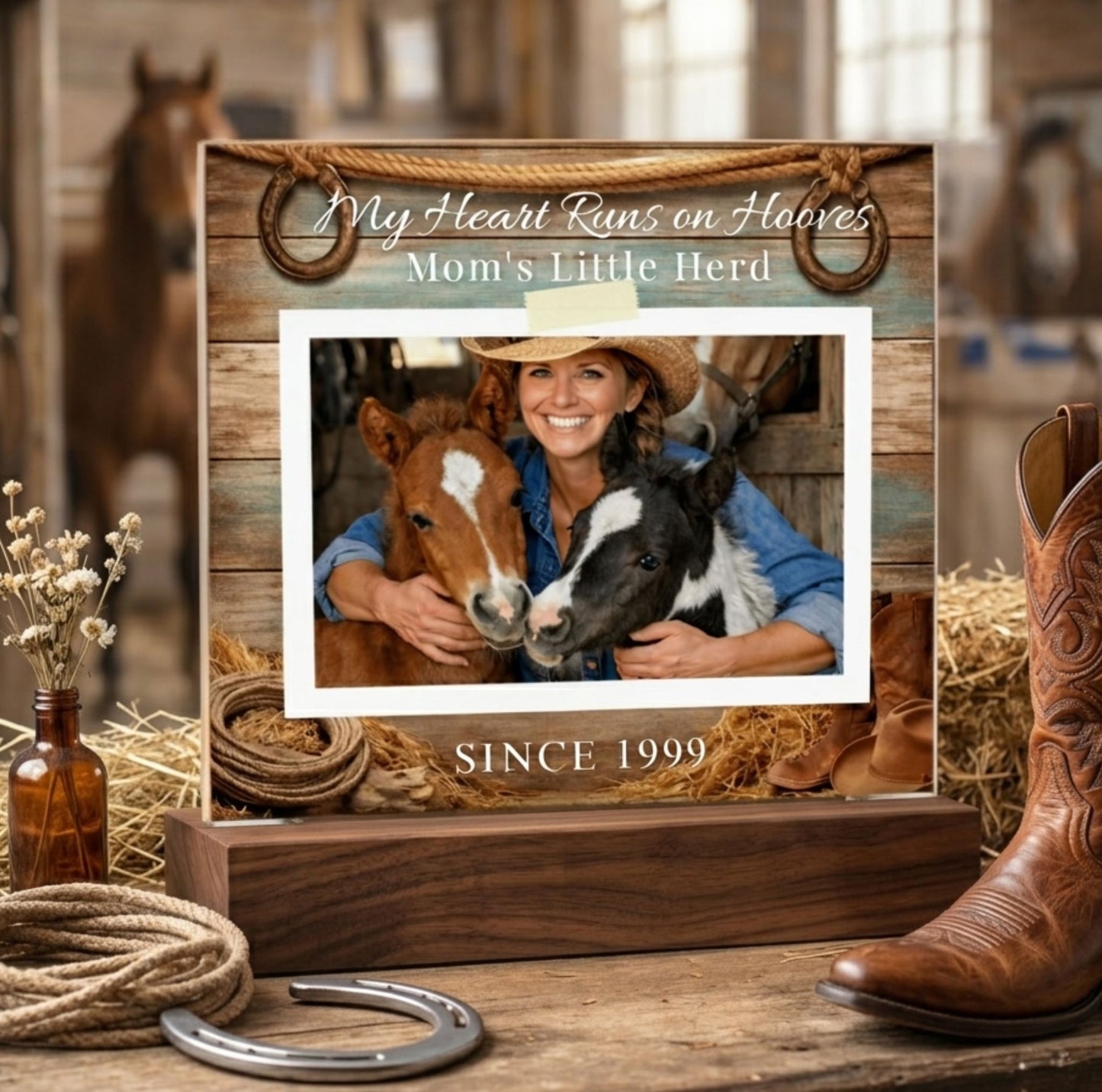 Personalized Horse Mom Photo Plaque – My Heart Runs on Hooves Custom Horse Lover Gift with Name & Date