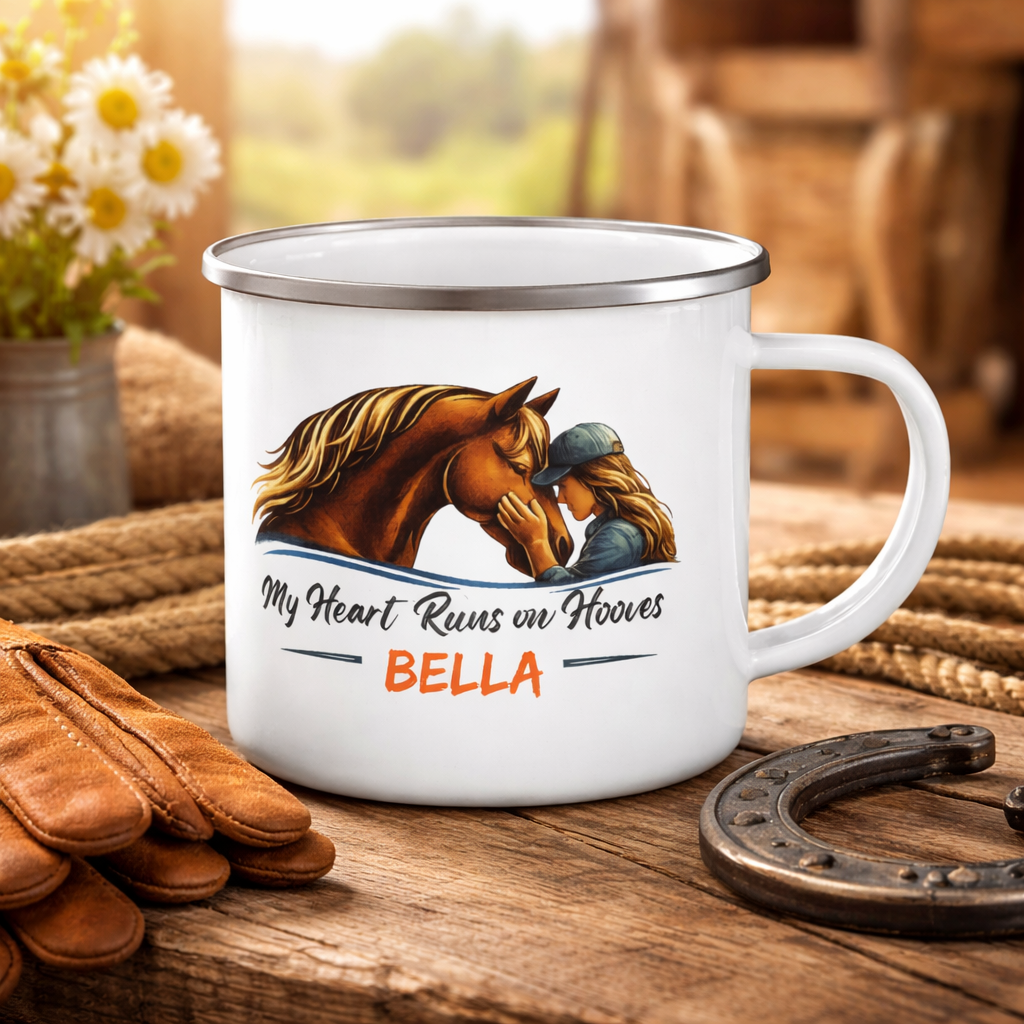 Personalized Enamel Mug | My Heart Runs on Hooves Horse Camping Cup for Woman