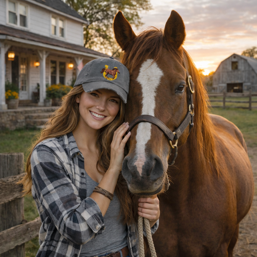 Lucky Horse Horseshoe Cap — Distressed Baseball Hat for Equestrian Fans